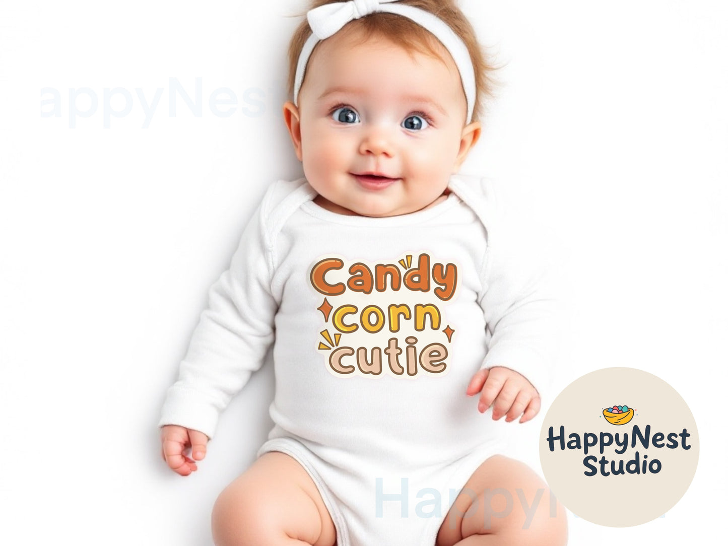 white long sleeve baby bodysuit with text “candy corn cutie” written in orange color, yellow and off white with contrast color outline to it. it is in Halloween theme designed for babies who are going to experience their first trick or treat.
unique Halloween onesie gift for baby shower