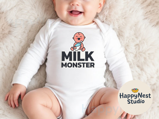Adorable white baby onesie with a unique “Milk Monster” design featuring a cute baby cartoon holding a bottle, perfect for parents searching for funny baby onesies or humorous newborn gifts. It is ideal for baby showers, everyday wear, or as a playful gift for new parents; the original design is hand-drawn by the shop owner and not a purchased graphic. It is sublimated onto the fabric using high-quality printable vinyl for lasting color and durability. This cozy cotton bodysuit is a must-have for any milk-l