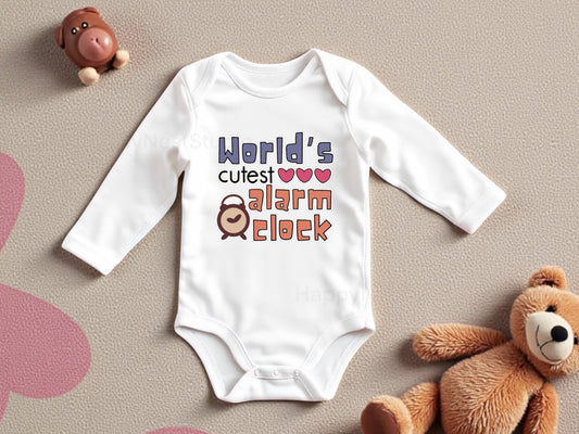 Adorable white baby onesie with original design that says “World’s Cutest Alarm Clock” in colorful, playful fonts, accented with three pink hearts and a cute cartoon alarm clock illustration. Perfect for parents shopping funny baby clothes, sleep-themed infant outfits, or unique newborn baby shower gifts. The design is sublimated onto the fabric using printable vinyl for a vibrant and lasting finish. Created in-house by the shop owner.