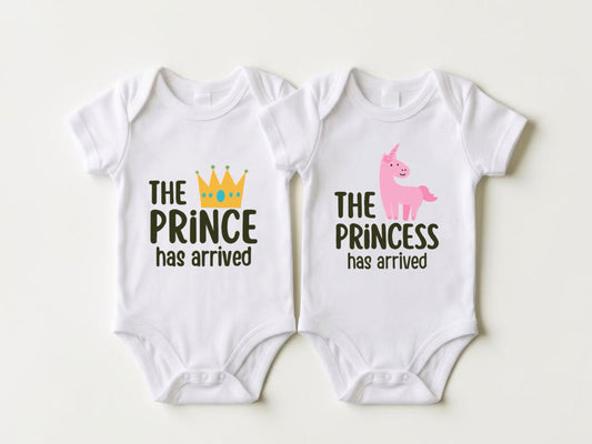 Prince Has Arrived Onesie, Princess Has Arrived Onesie, Twin Birth Announcement Onesies, Royal Baby Announcement Outfit