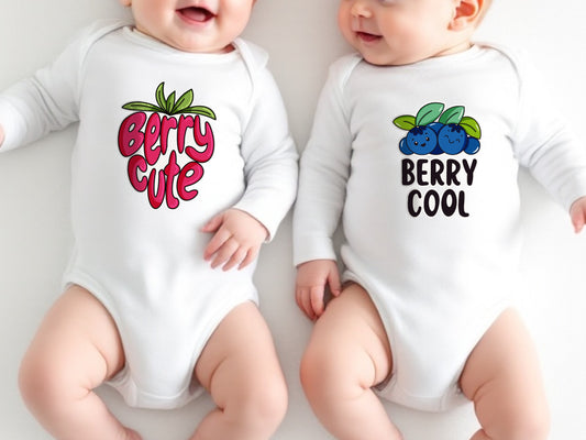 funny strawberry and blueberry baby romper set - berry cute and berry cool matching baby bodysuits