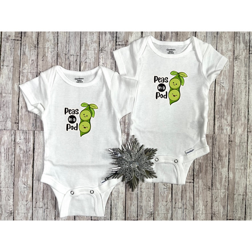 two peas in a pod Twin onesie® - twin baby onesies set - cute twin baby shower gift- white cotton baby bodysuits for twins -