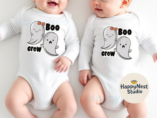 “Boo crew” is a white baby bodysuit which has cute graphic ghosts on it. baby first Halloween cotton onesie, spooky ghost print newborn baby outfit, boo crew matching baby boy and girl onesie, baby shower gift Halloween themed onesie,