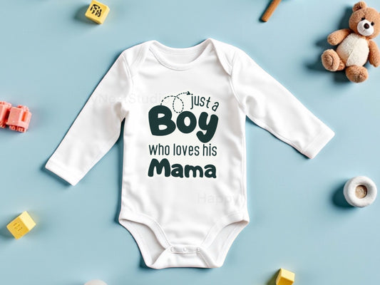 White long-sleeve baby boy onesie featuring a unique, shop-owner–designed sublimated graphic that reads ‘just a boy who loves his mama’ in bold dark green lettering with a playful lasso detail. This handmade mama-saying baby bodysuit makes a perfect newborn gift, baby shower present, or cute everyday outfit for infant boys. Ideal for shoppers searching for adorable mom-themed baby clothing, sublimation onesies for boys, cute baby boy gifts, mama saying outfits, and handmade newborn apparel.