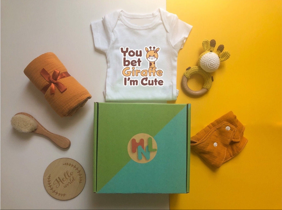 Giraffe baby gift box |baby bodysuit set | giraffe baby gift set | unique baby shower gift for new mom