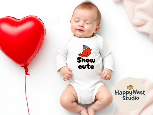 snow cute winter baby onesie - long sleeve cotton baby bodysuit for winter - winter photo shoot outfit for baby girl or boy - red bird print baby bodysuit
