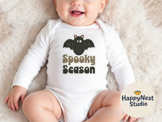 spooky season bat onesie®- white baby onesie with Halloween design - baby’s first Halloween long sleeve onesie