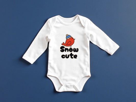 White long-sleeve baby onesie featuring a unique, shop-owner–designed sublimated printable-vinyl graphic that reads ‘snow cute’ in bold black lettering, paired with an adorable red bird illustration wearing a blue winter cap. The high-quality sublimation design ensures vibrant, long-lasting color on the crisp white fabric. Ideal for parents searching for newborn baby clothing, winter baby onesies, cute sublimation bodysuits, funny baby outfits, baby shower gifts, or adorable newborn gift ideas.