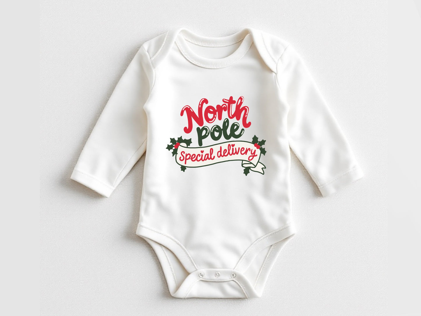 North Pole special delivery Christmas pregnancy announcement long sleeve baby bodysuit