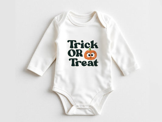 Trick or treat onesie - newborn first Halloween bodysuit- long sleeve baby romper for Halloween photos