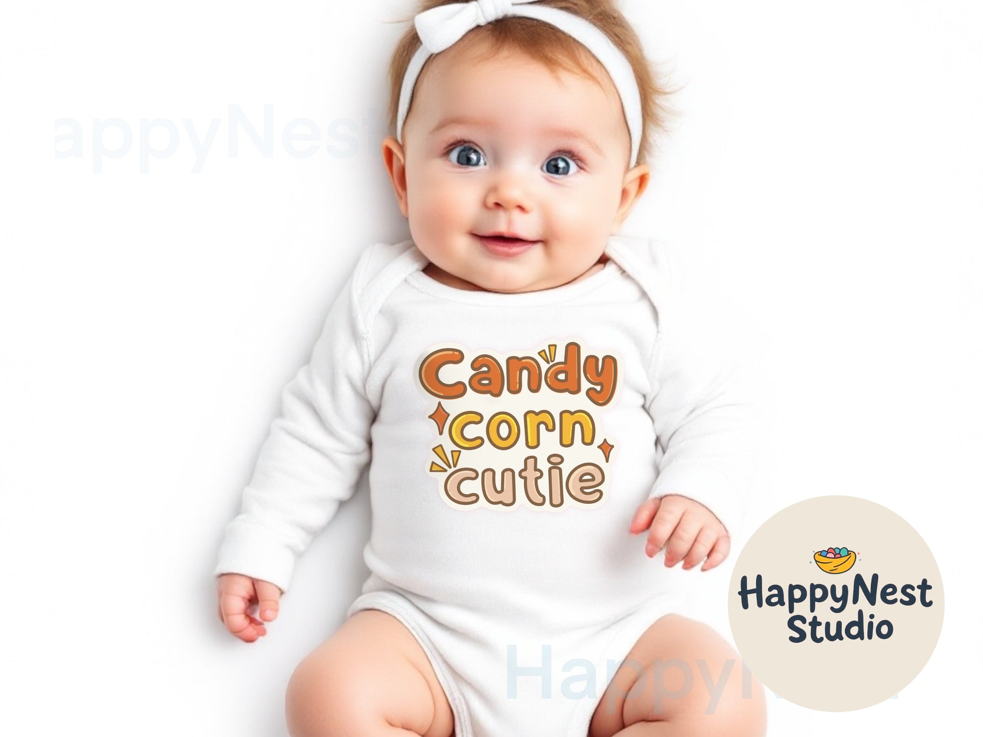 white long sleeve baby bodysuit with text “candy corn cutie” written in orange color, yellow and off white with contrast color outline to it. it is in Halloween theme designed for babies who are going to experience their first trick or treat.

unique Halloween onesie gift for baby shower