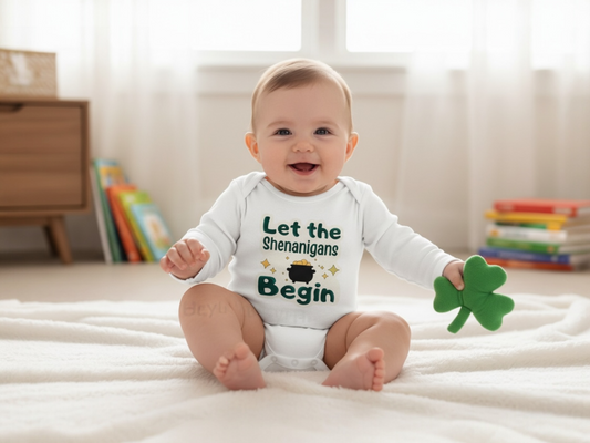 St. Patrick's Day- Let the Shenanigans Begin baby onesie® | March baby bodysuit| Spring baby onesie®| First Saint Patrick's Day outfit