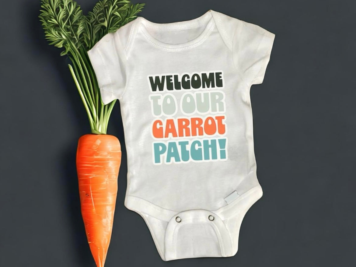 Welcome to our carrot patch Easter baby onesie, newborn bodysuit, Easter baby, baby birth announcement onesie 