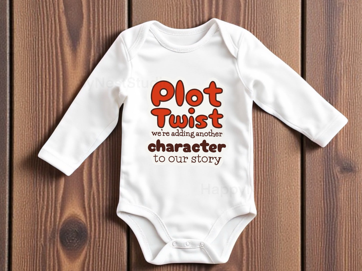 White long-sleeve baby onesie featuring a unique sublimated unisex design that says ‘Plot Twist — we’re adding another character to our story’ in playful orange and brown lettering. Displayed on a rustic wooden background, this funny pregnancy announcement baby bodysuit is perfect for surprising grandparents, family, and friends. Ideal for shoppers searching for cute baby announcement onesies, humorous pregnancy reveal outfits, new baby reveal gifts