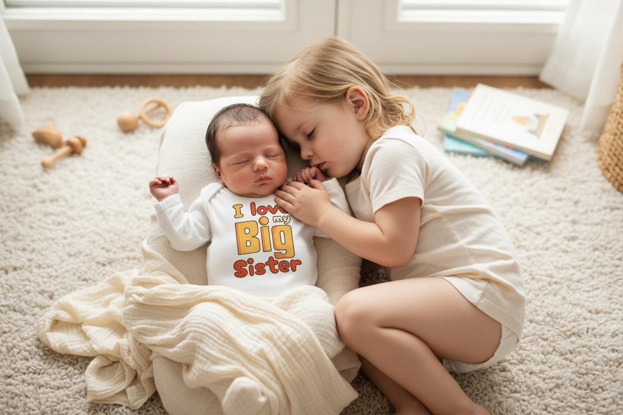 White long-sleeve baby onesie featuring a unique, shop-owner–designed sublimated printable-vinyl graphic that reads ‘I love my Big Sister’ in bold orange, yellow and red retro-style lettering. This handmade sibling announcement baby bodysuit is the perfect newborn gift for celebrating a big sister, welcoming a new baby, or creating adorable family photos. Ideal for parents shopping for newborn baby clothing, big sister onesies, cute sibling announcement outfits
