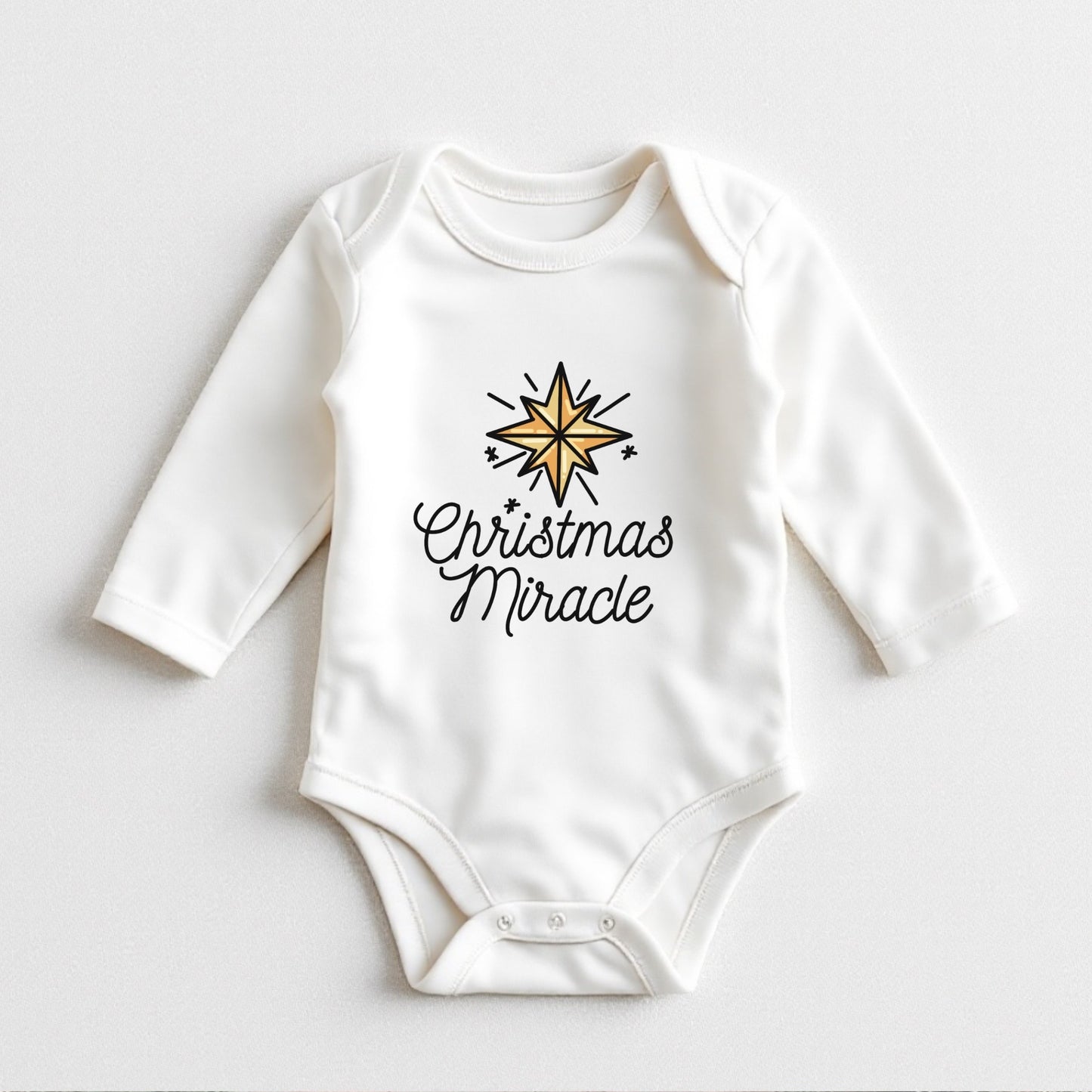 Christmas Miracle Baby Onesie – White Long Sleeve Bodysuit – First Christmas Outfit for Baby – Holiday Baby Clothes – Newborn Christmas Gift
