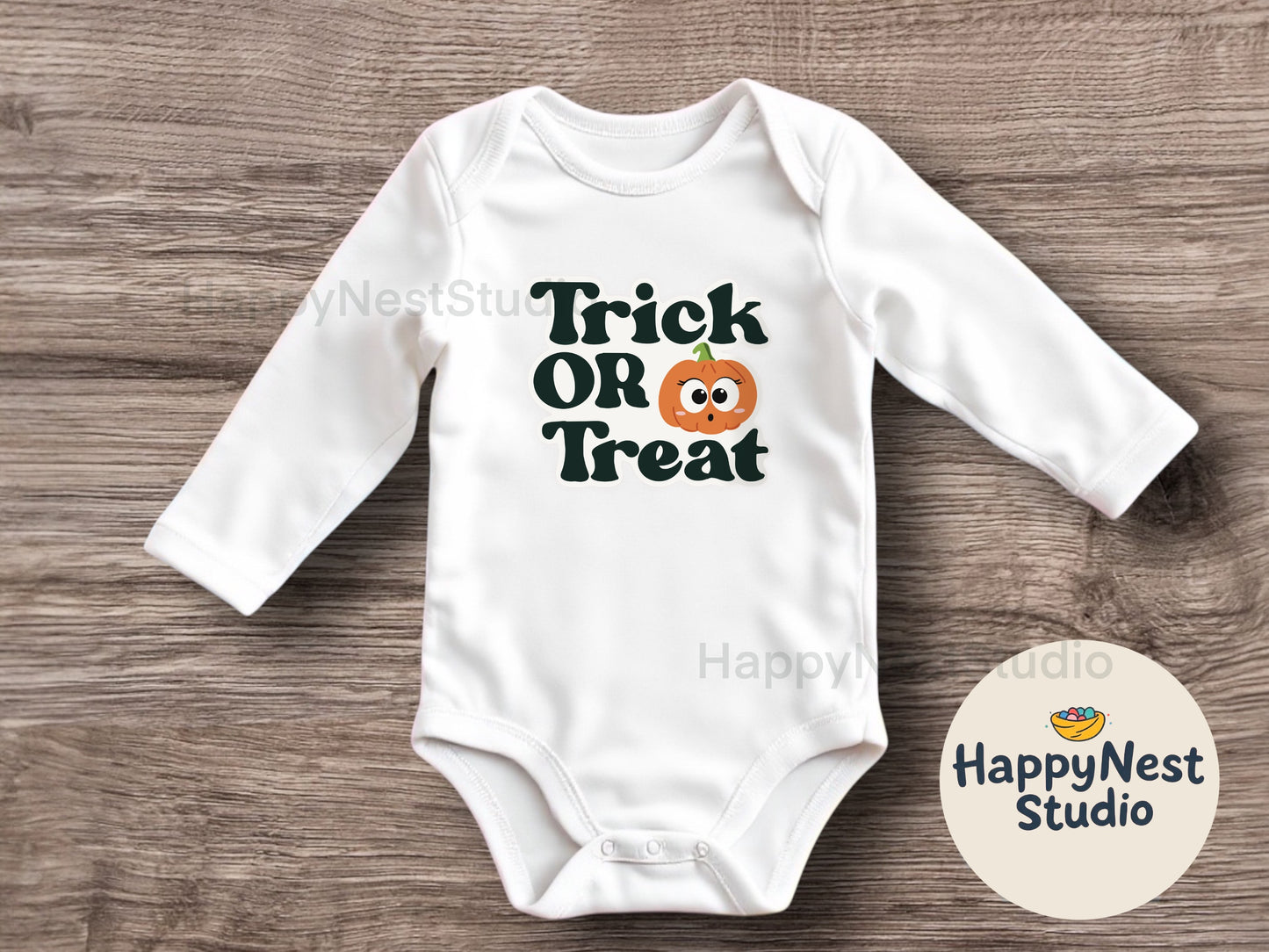 Trick or treat onesie - newborn Halloween costume alternative - long sleeve baby romper for Halloween photos
