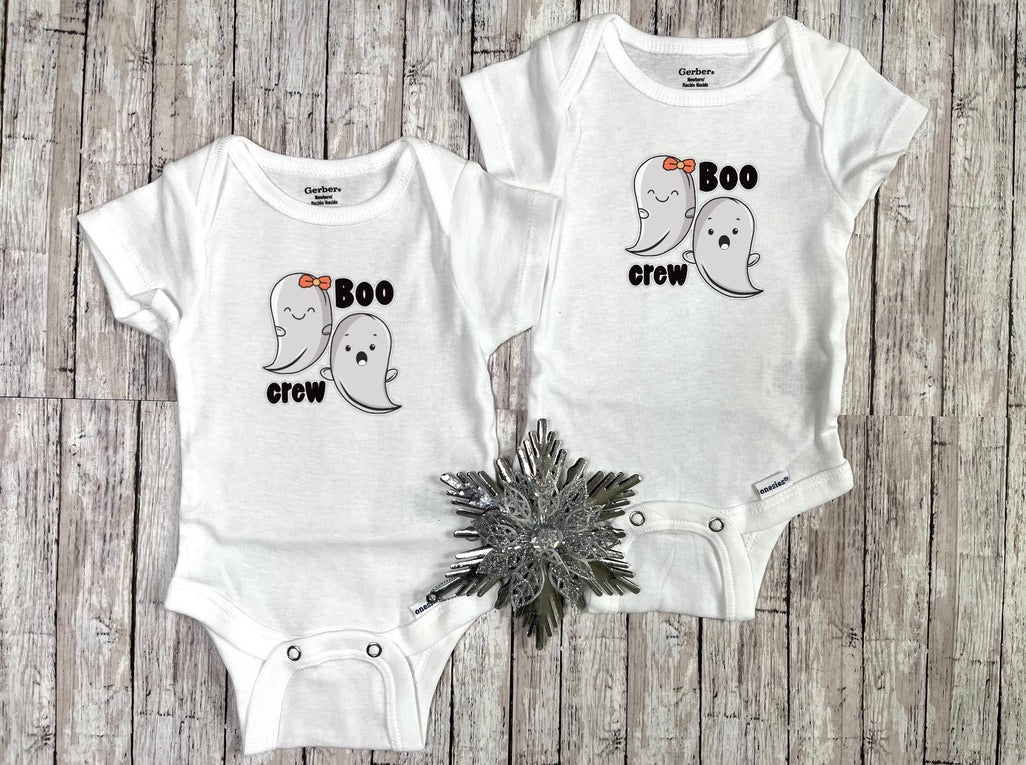 boo crew, cute ghost baby outfit, first halloween baby outfit, halloween theme baby bodysuit, twins baby bodysuits