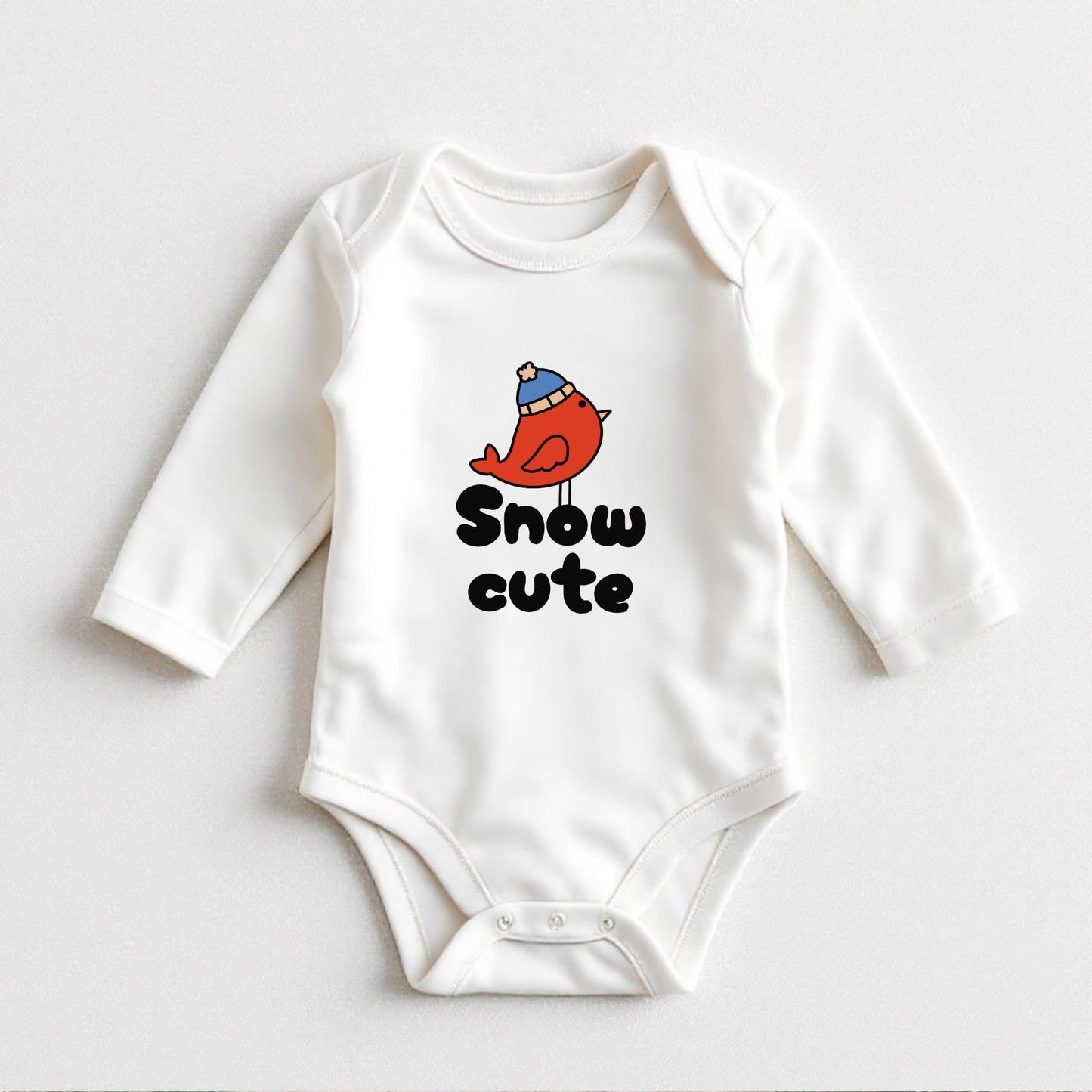 snow cute winter baby onesie - long sleeve cotton baby bodysuit for winter - winter photo shoot outfit for baby girl or boy - red bird print baby bodysuit