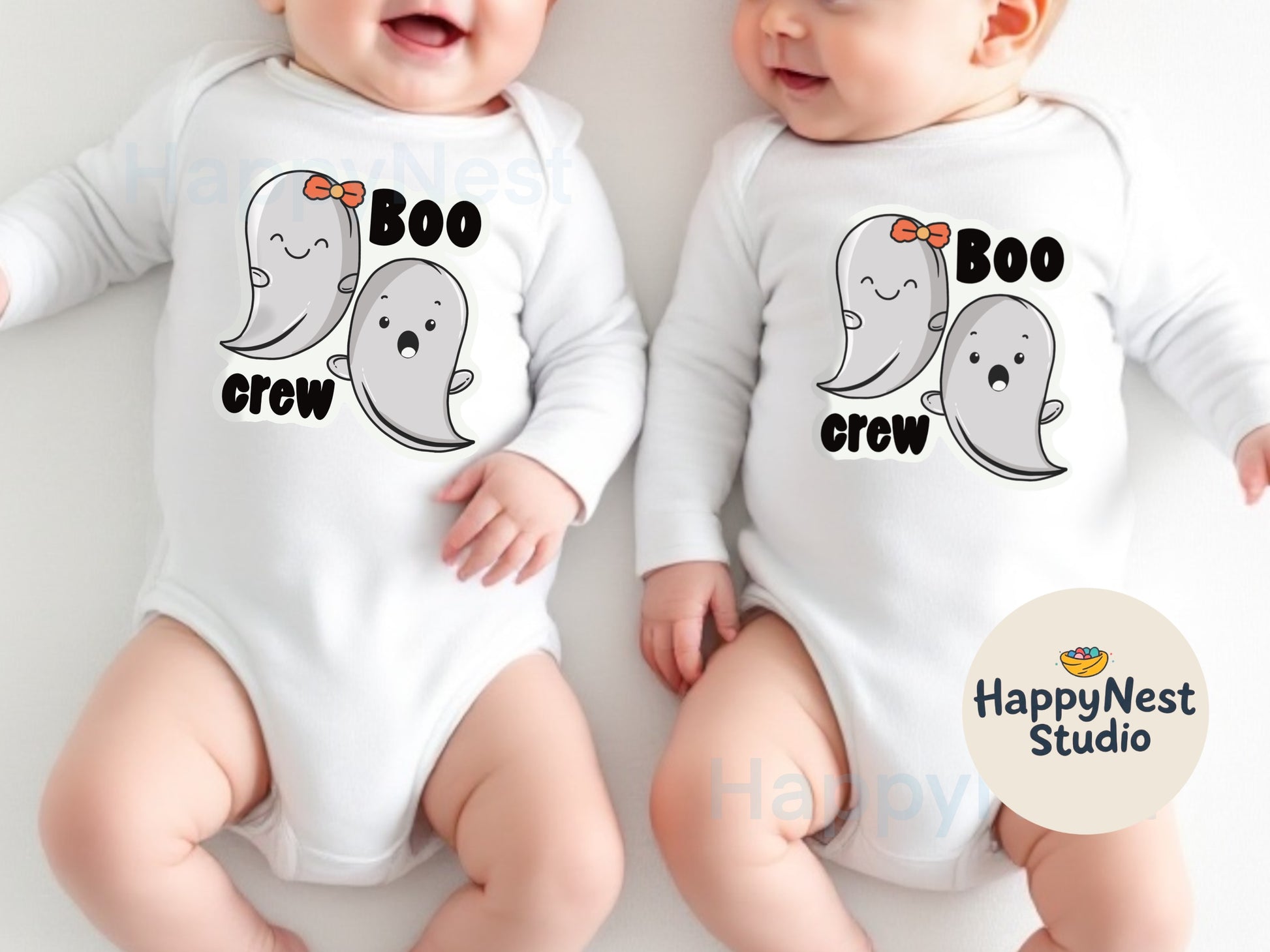 “Boo crew” is a white baby bodysuit which has cute graphic ghosts on it. baby first Halloween cotton onesie, spooky ghost print newborn baby outfit, boo crew matching baby boy and girl onesie, baby shower gift Halloween themed onesie, 