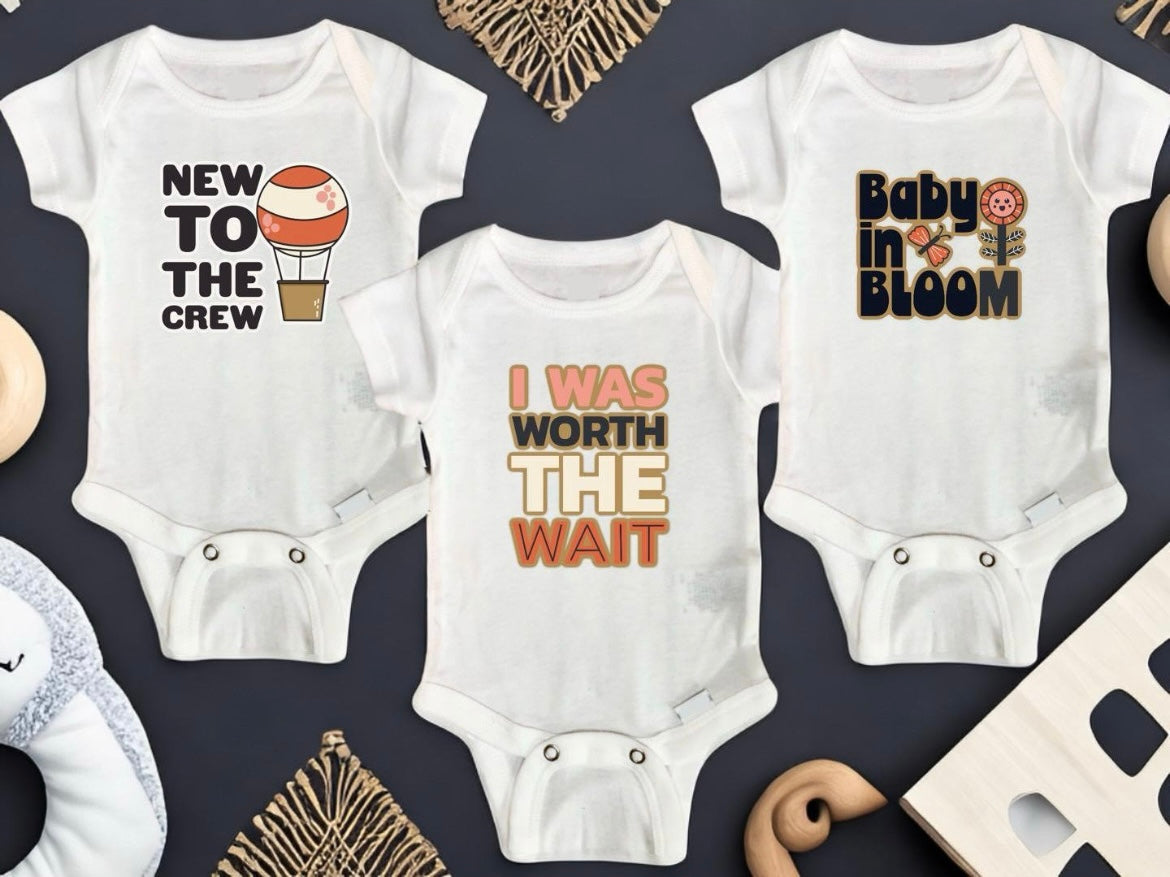 new to the crew baby bodysuits, baby in bloom baby shower gift, welcome little baby gift idea, coming home baby gift set, neutral newborn gifts, boho theme baby shower gift idea