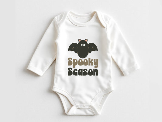 spooky season bat onesie®- white baby onesie with Halloween design - baby’s first Halloween long sleeve onesie