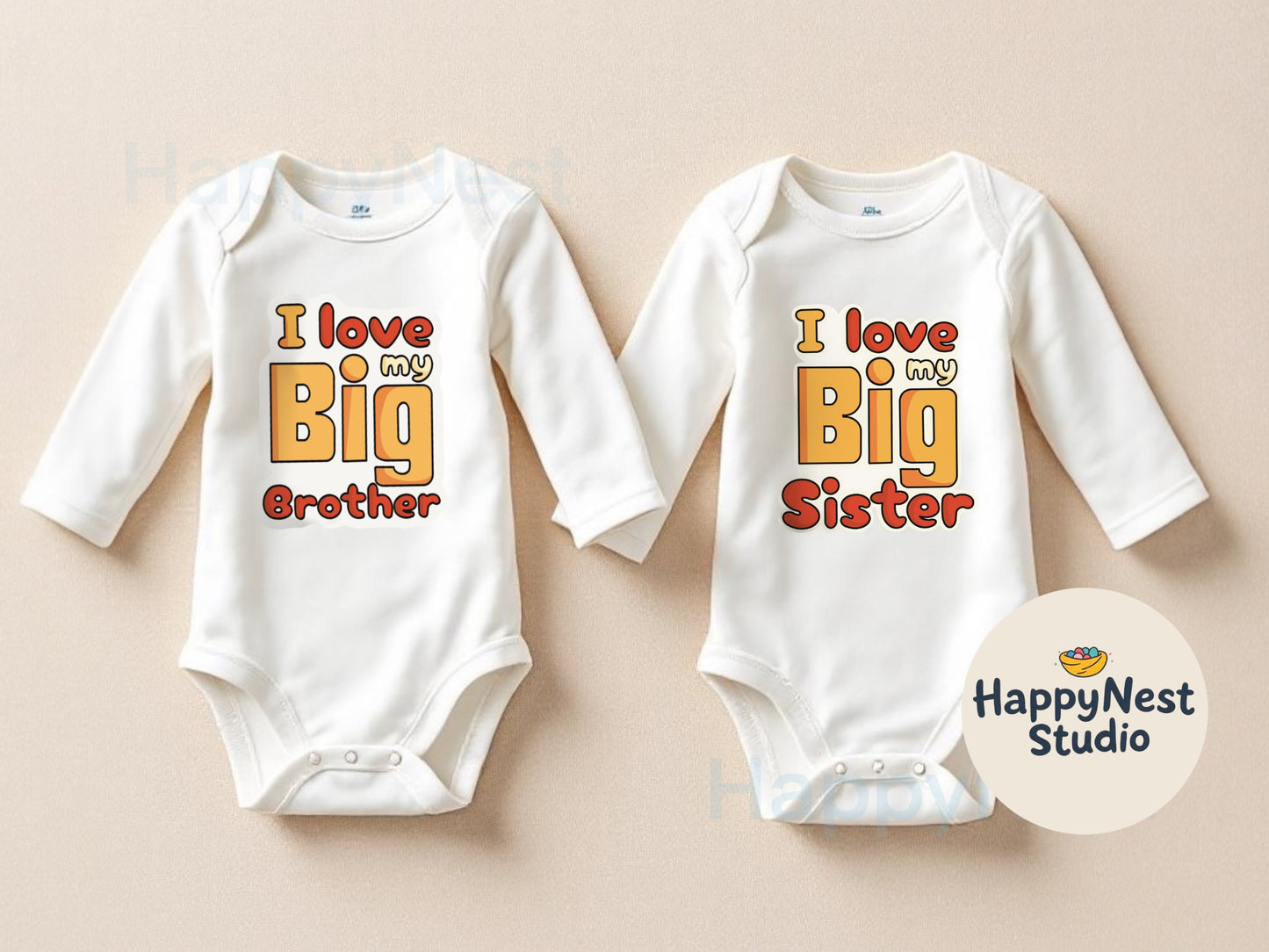 White long-sleeve baby onesie featuring a unique, shop-owner–designed sublimated printable-vinyl graphic that says ‘I love my Big Brother’ in colorful, playful lettering. The word BIG is printed in bold yellow. this handmade baby bodysuit is perfect for newborn sibling announcements, baby shower gifts, and everyday infant outfits. I deal for cute baby clothing, big brother announcement onesies.