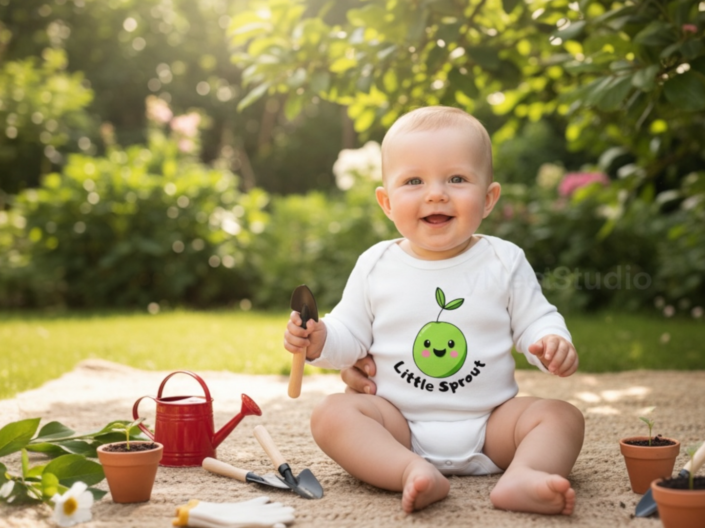 White long-sleeve baby onesie with a unique, shop-owner–designed sublimated printable-vinyl graphic that reads ‘little sprout’ in bold black lettering. This handmade, funny baby bodysuit makes a perfect newborn onesie gift for baby showers, pregnancy announcements, or as an adorable everyday outfit for infant babies. Ideal for parents searching for newborn baby clothing, sublimation onesies, cute gardening-themed baby outfits, plant-themed baby gifts.