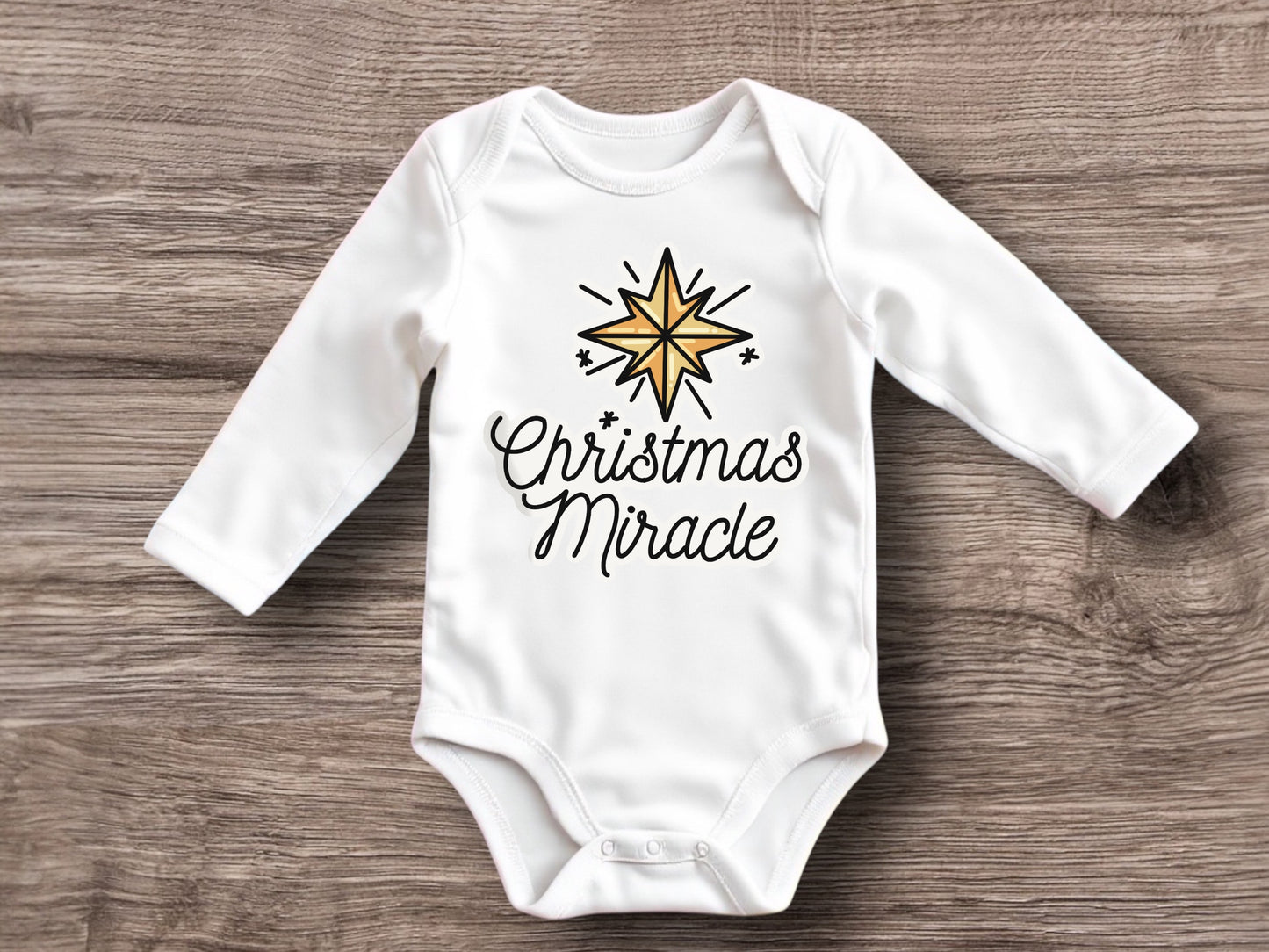 Christmas Miracle Baby Onesie – White Long Sleeve Bodysuit – First Christmas Outfit for Baby – Holiday Baby Clothes – Newborn Christmas Gift