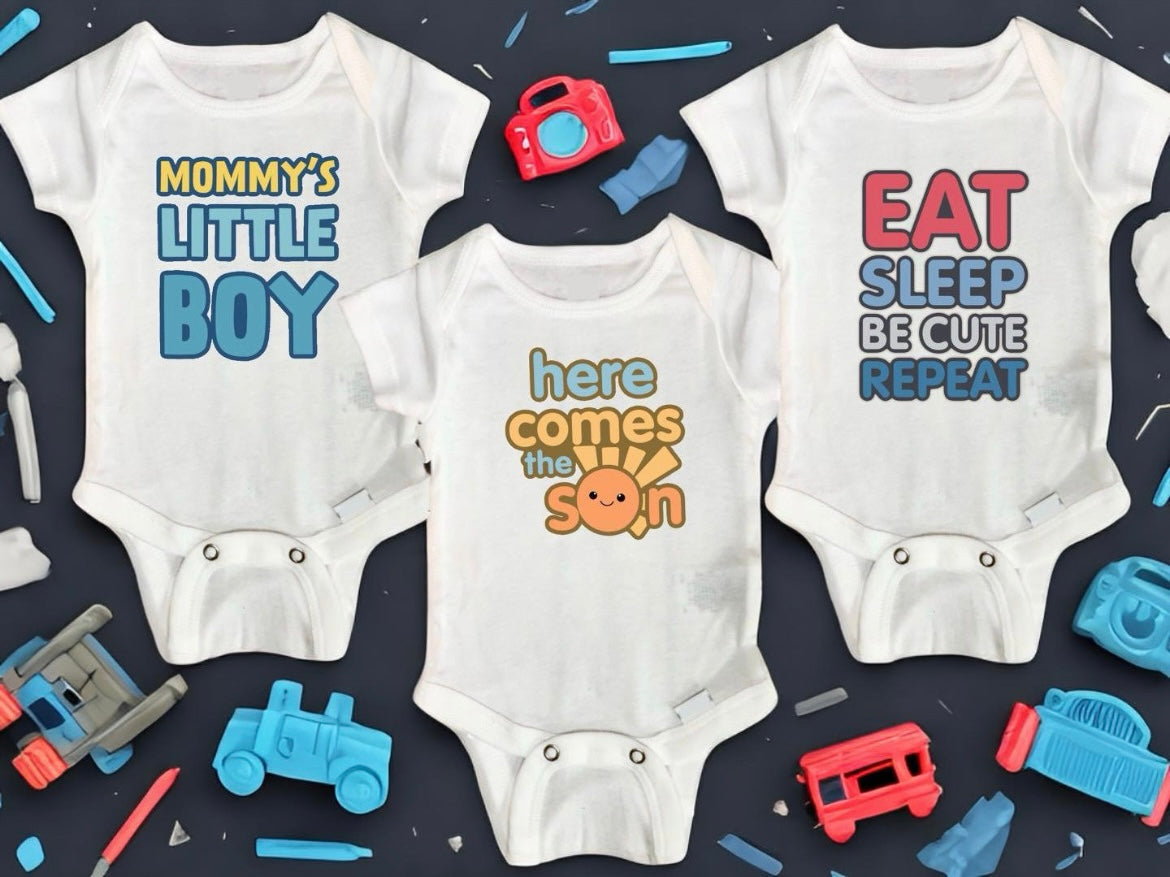 here comes the son, here comes the sun baby shower gift, mommy's little boy, eat sleep be cute repeat, baby bodysuit set of 3