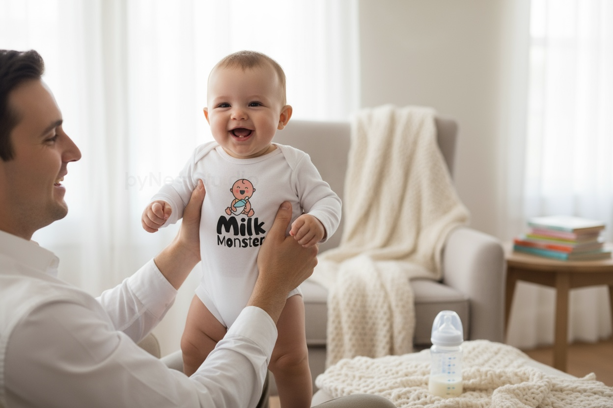 Adorable white baby onesie with a unique “Milk Monster” design featuring a cute baby cartoon holding a bottle, perfect for parents searching for funny baby onesies or humorous newborn gifts. It is ideal for baby showers, everyday wear, or as a playful gift for new parents; the original design is hand-drawn by the shop owner and not a purchased graphic. It is sublimated onto the fabric using high-quality printable vinyl for lasting color and durability. This cozy cotton bodysuit is a must-have for any milk-l