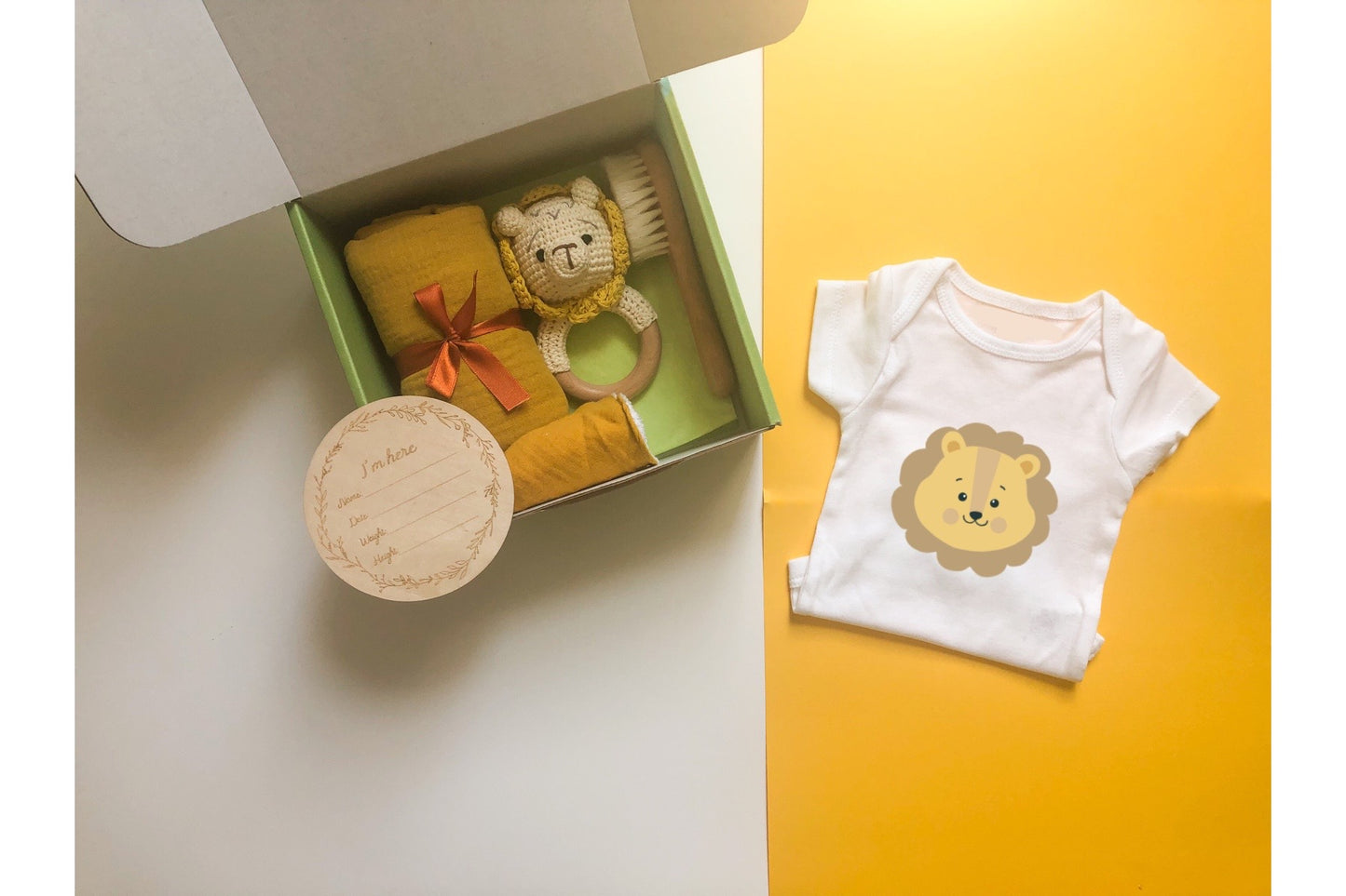 Lion gift set  | Baby hamper | adorable newborn essentials with milestone sign